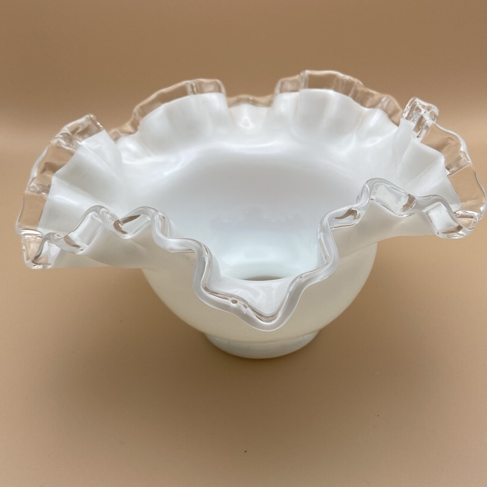 Vintage Fenton White  Glass Silver Crest ruffled crimped rim Bonbon dish